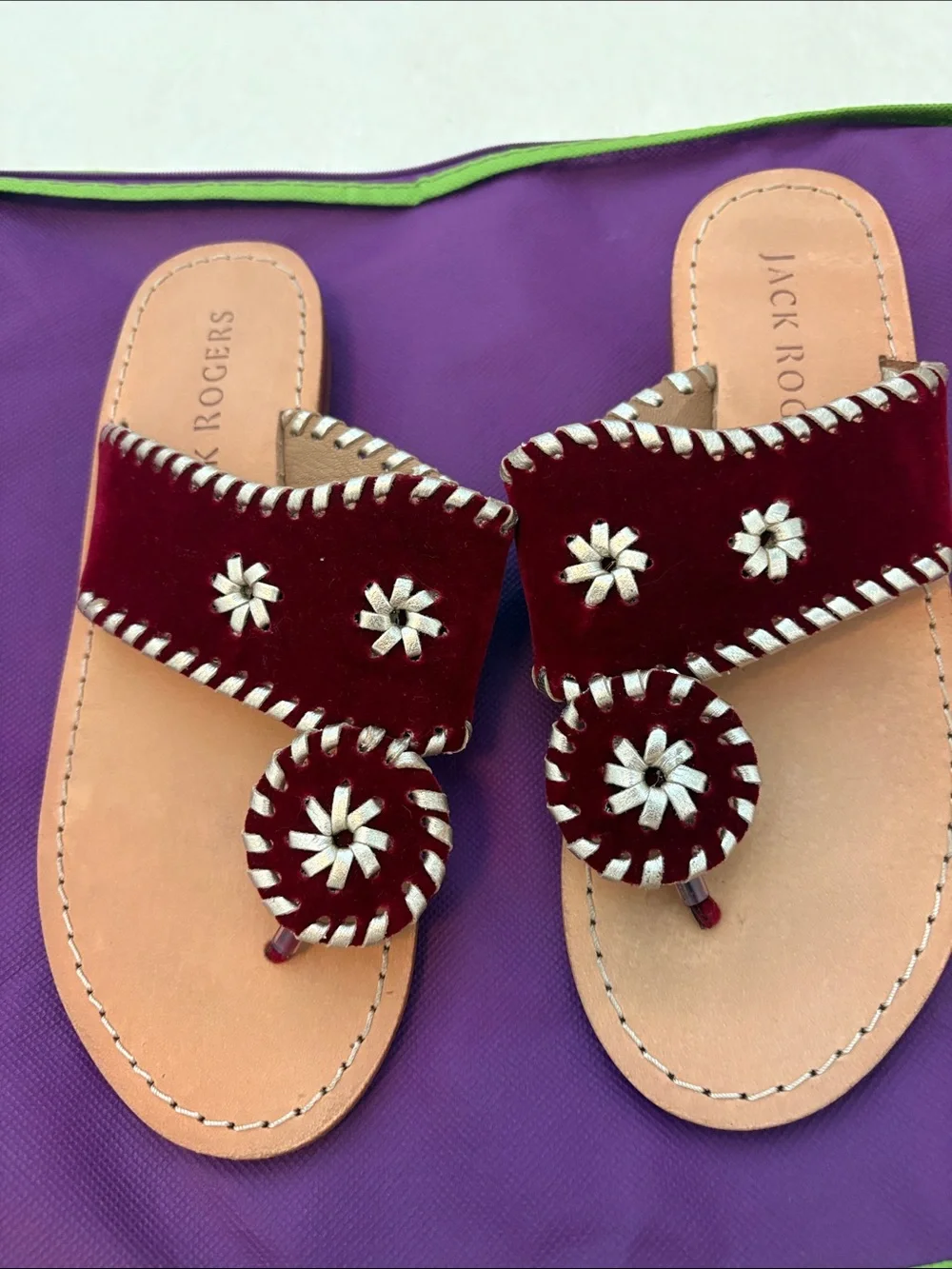 Jack Rogers kids Burgundy Velvet Flip Sandals with Silver Accents